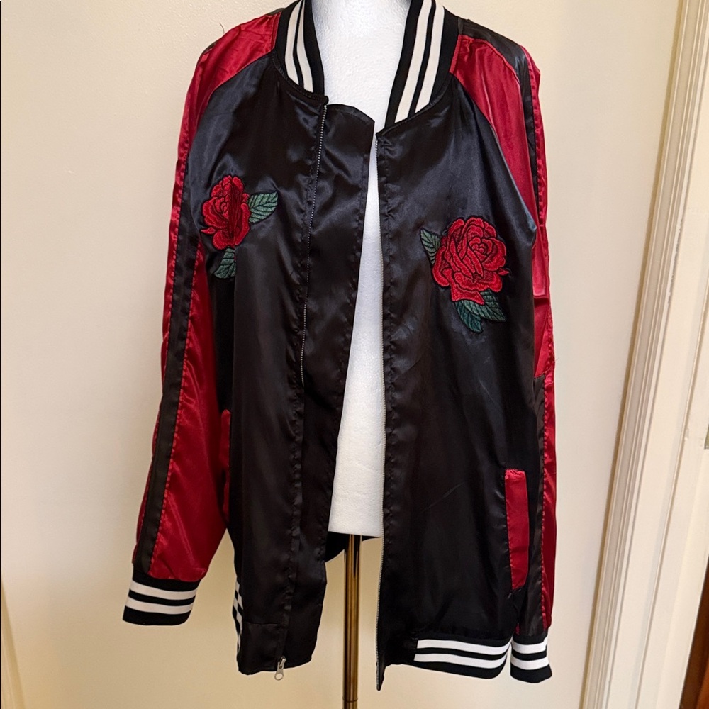Carbon Black and Red Floral Bomber Jacket - Picture 3 of 13
